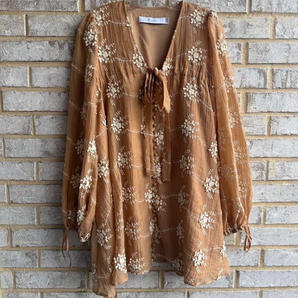 EB LUXE LA Long Sleeve Tie Front Floral Embroidered Mini Dress Size L.